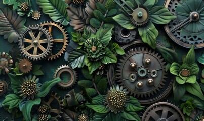 Cogs and gears seamlessly integrated into natural elements like leaves and flowers