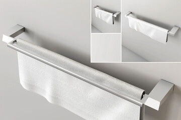 Ultra realistic 3D render of a simple, modern towel rack in multiple perspectives. High-definition...