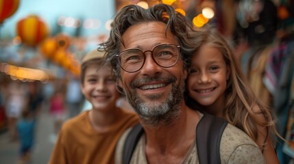 Obraz premium Happy Family Fun Day at Fair: Two Dads and Kids Cherishing Joyful Moments Together