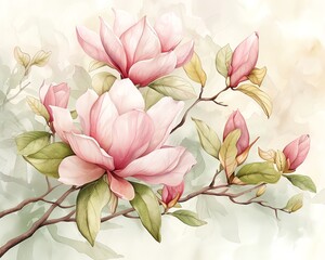 Watercolor painting of delicate pink magnolia blossoms.
