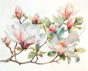 Watercolor painting of delicate magnolia blossoms with pink and white petals.