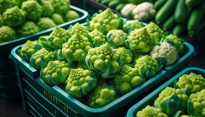 Image of multiple green plastic baskets filled with fresh, ripe Cauliflower sprouts