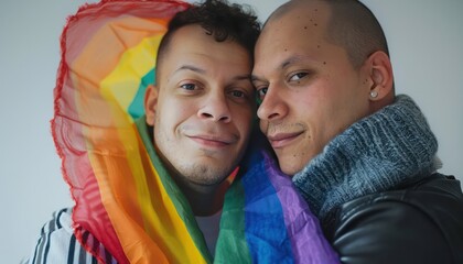 A gay couple who are happy and proud to support LGBTQ shows happiness and unity. rainbow scarf