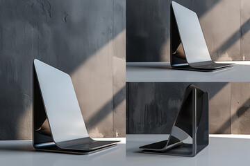 Ultra HD 3D render of a sleek, minimalistic display stand, viewed from multiple angles. SEO-optimized mockup.