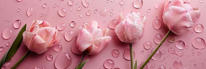 Pink tulip roses with water droplets against pink background - Powered by Adobe