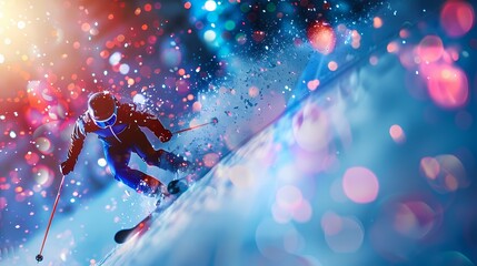 A thrilling scene of a downhill ski race, with a defocused backdrop of vibrant particles