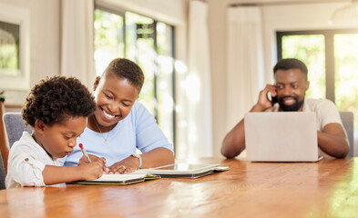 Homeschool, child with homework and parents helping, learn or studying in house. Mother, kid...