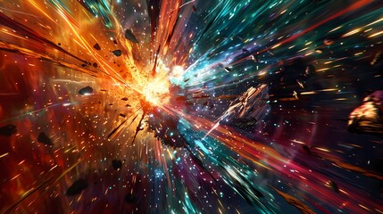 A thrilling scene of a high-speed space battle, with a defocused backdrop of vibrant particles