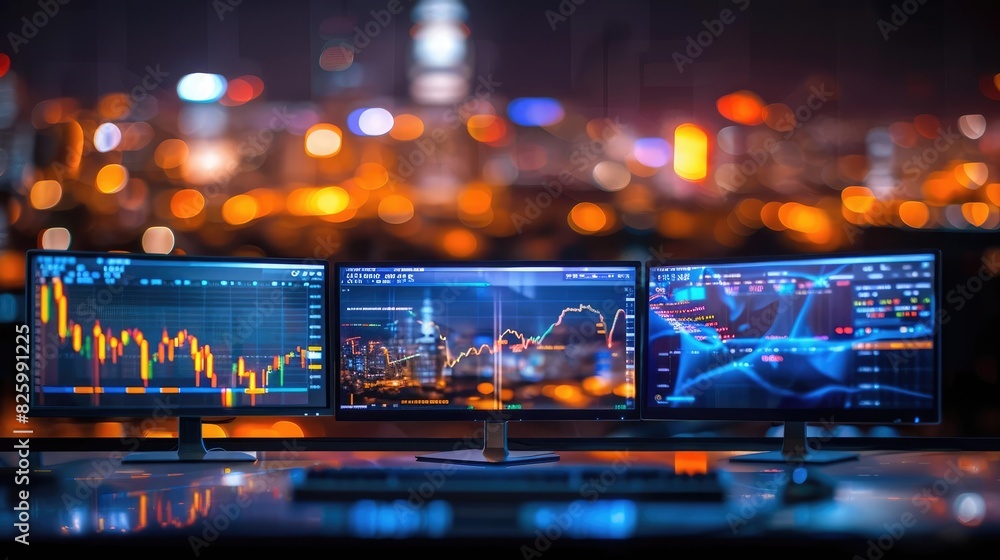 Poster multiple monitors displaying stock market charts and analytics against a blurred cityscape backgroun