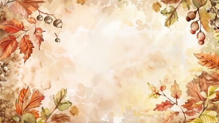 An elegant autumn themed watercolor painting featuring a variety of leaves and acorns on a beige background. Perfect for a fall-themed project.