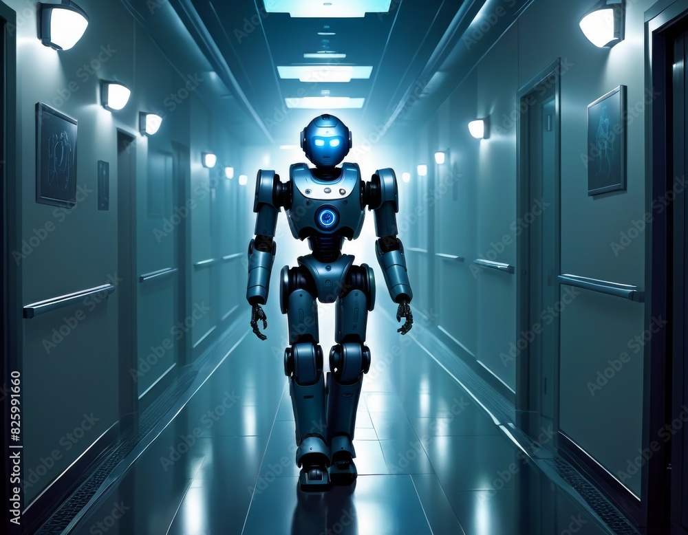Poster a humanoid robot with a sleek blue and white design walking down a modern, illuminated corridor, exe