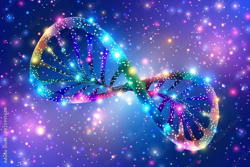 Poster neon lit dna helix in a vibrant cosmic setting, merging science with art in a dazzling display of ge