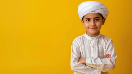 A young boy proudly stands, arms crossed, wearing a white turban