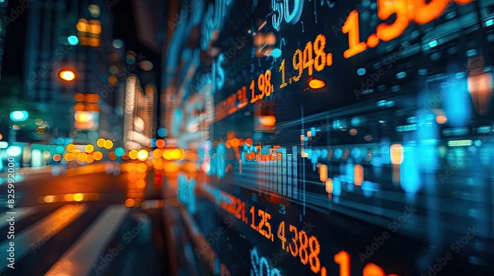 Poster blurred city lights reflect on a digital stock market board displaying numbers, capturing the dynami