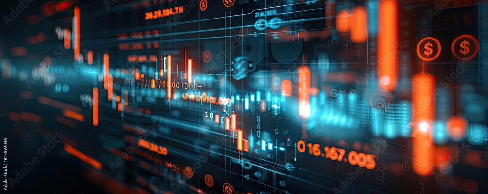 Poster futuristic financial data and stock market graph visualization in blue and orange, representing mode