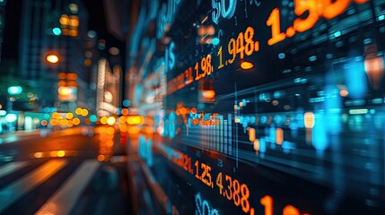 Fototapeta premium Blurred city lights reflect on a digital stock market board displaying numbers, capturing the dynamic essence of financial trading in a bustling metropolis.
