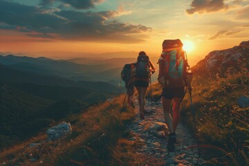 Group of tourists hiking the mountains on beautiful sunset background