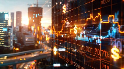 Obraz premium City skyline with stock market data overlay, financial business concept with glowing graphs, charts, and dollar signs at sunset.