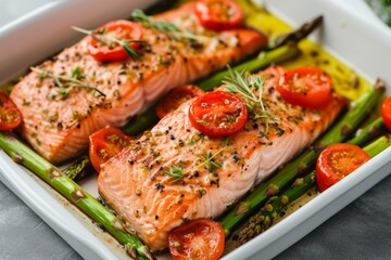 Baked salmon fillet garnished with herbs, asparagus and cherry tomatoes in a baking dish
