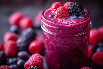 Berry Blast Smoothie - Deep red or purple hue with a berry garnish, presented in a mason jar. 