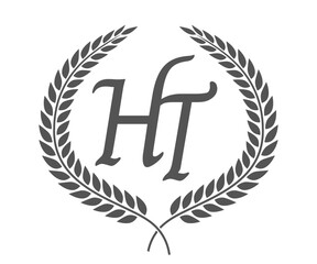 Initial letter H and T, HT monogram logo design with laurel wreath. Luxury calligraphy font.