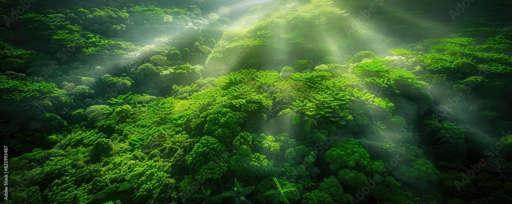 Poster breathtaking aerial view of lush green forest with sunlight streaming through the canopy, creating a
