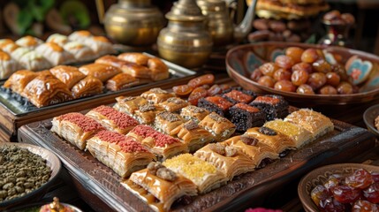 Assorted eastern sweets - baklava, dates, turkish delight