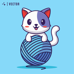 Cute cartoon cat playing with woll ball in isolated background vector illustration