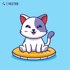 Cute cat cartoon siting on yellow pillow in blue isolated background vector icon illustration