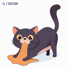 Cute black cat biting cloth in white isolated background vector illustration