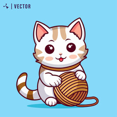 Cute cartoon cat playing with woll ball in isolated background vector illustration