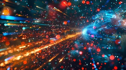 Fototapeta premium A thrilling scene of a high-speed spaceship chase, with a defocused backdrop of vibrant particles