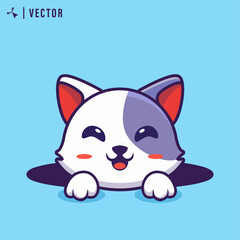 Cute white cat character coming up from hole in blue isolated background. vector illustration