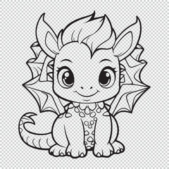 Cute cartoon baby dragon design for kids coloring book, black vector illustration on transparent background
