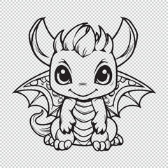 Cute cartoon baby dragon design for kids coloring book, black vector illustration on transparent background