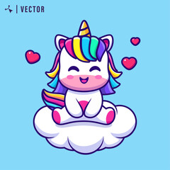 Illustration of cute little smiling unicorn with mane rainbow colors sits on cloud. Vector Illustration