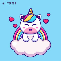 Illustration of cute little smiling unicorn with mane rainbow colors sits on cloud. Vector Illustration