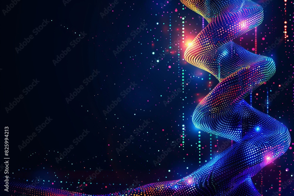 Poster dynamic dna spiral with multicolored dots on a dark background, emphasizing the fusion of technology