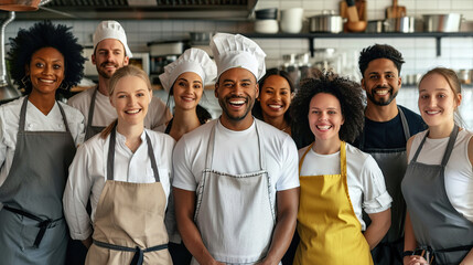 A group of smiling men in aprons and chef's hats stand together, looking confidently into the camera. They have different skin tones and hair textures
