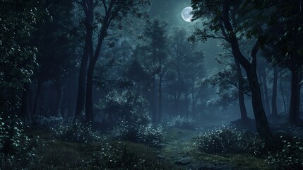 A dark forest bathed in the soft glow of the moon, the moonlight highlighting the intricate details of the trees and undergrowth.