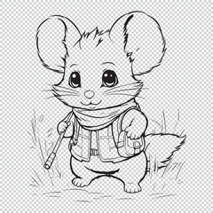 Cute cartoon baby hamster design for kids coloring book, black vector illustration on transparent background