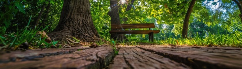 Fototapeta premium Serene wooden park bench surrounded by lush greenery and trees, captured from a low angle on a sunny day.
