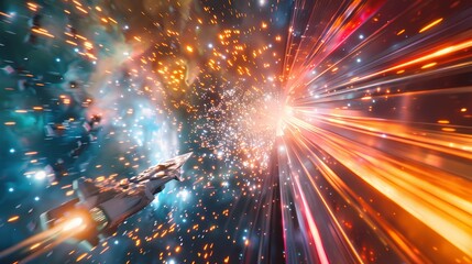 A thrilling scene of a high-speed spaceship race, with a defocused backdrop of vibrant particles