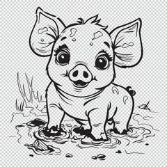 Cute cartoon baby pig design for kids coloring book, black vector illustration on transparent background