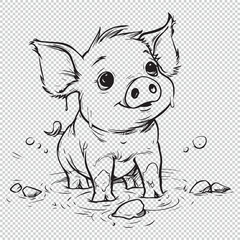 Cute cartoon baby pig design for kids coloring book, black vector illustration on transparent background