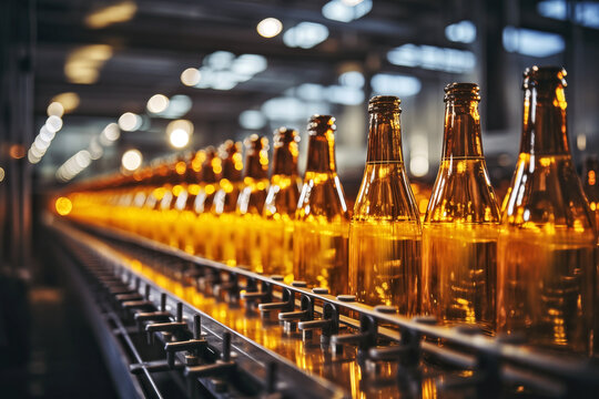 Production line of beer factory. Conveyor belt with bottles. Industrial background