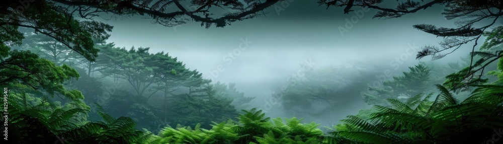 Poster a misty forest landscape with lush green foliage and towering trees captured during a foggy morning,