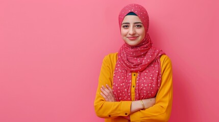 Fototapeta premium Woman in headscarf stands confidently with arms crossed, exuding strength and resilience