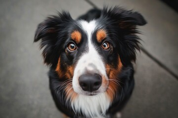 Fototapeta premium An adorable dog is captured looking up at the camera with wide, expressive eyes full of curiosity and affection. The background is softly blurred.