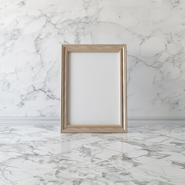Minimalist art space with a 3D empty frame on a chic Sivec marble floor.